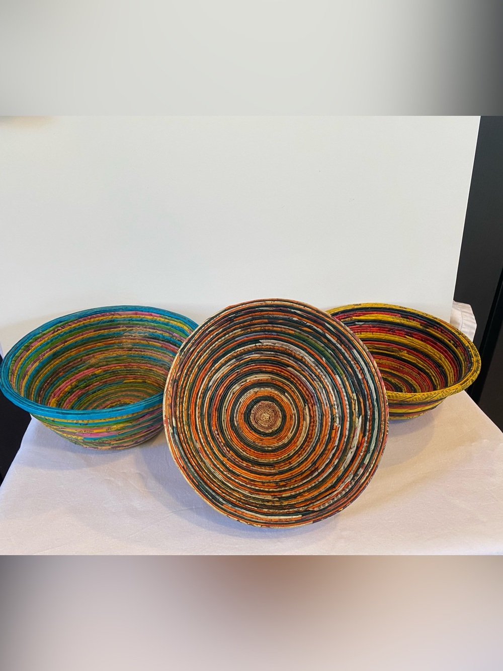 3 Handcrafted Artisan Paper Woven Catch All Baskets Fruit Bowls Eco Friendly